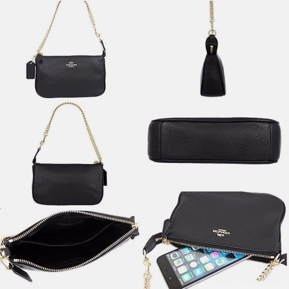 Coach NWT leveled leather large wristlet with chain clutch black gold - Picture 2 of 16